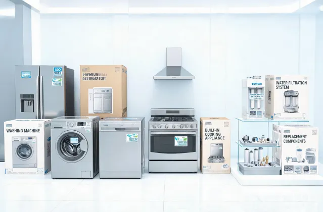 Whirlpool appliance product family in factory showroom